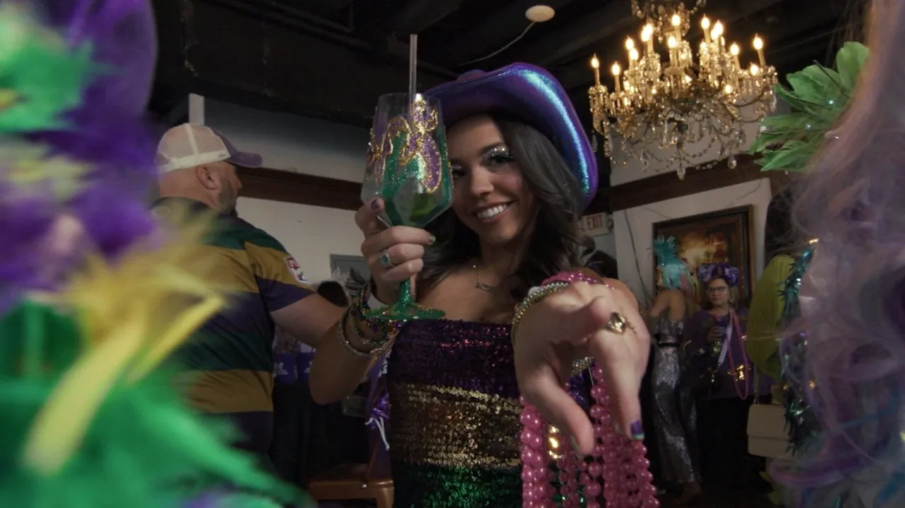 A guest in a purple Mardi Gras hat holds a decorated glass and beads during an indoor celebration.