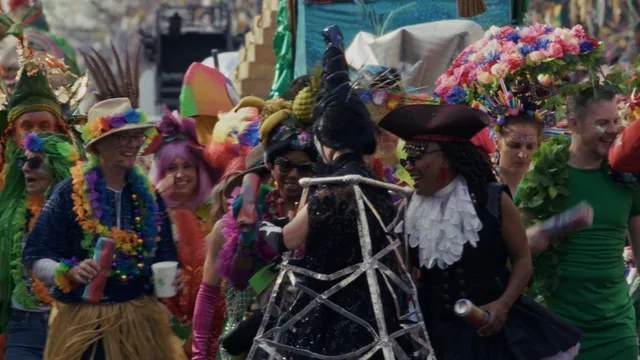 Costumed musicians playing drums in a crowded street
